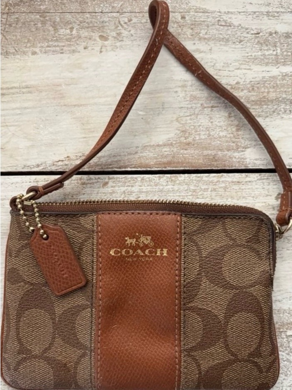 Coach Brown Signature Canvas Wristlet with Leather Trim